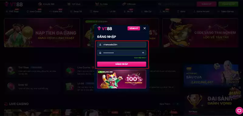 Bấm vào nút "Đăng nhập" để tiếp tục cá cược.